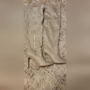 Silver glitter knee boots